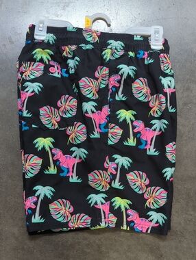 Black Tropical Swim Shorts with Neon Pink & Teal Leaf Print